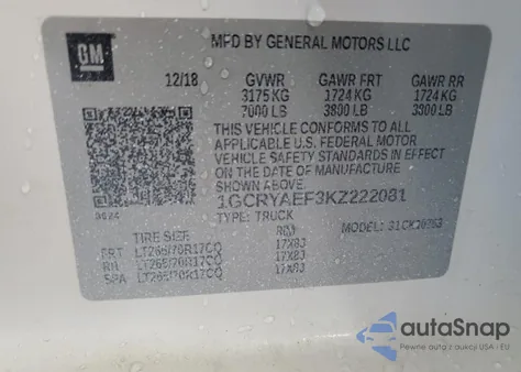 2019 Chevrolet Silverado K1500 z USA, uszkodzony, nr VIN 1GCRYAEF3KZ222081